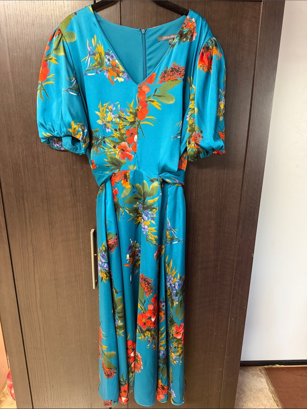 julia jordan Teal Floral V-Neck Midi Dress with Puff Sleeves